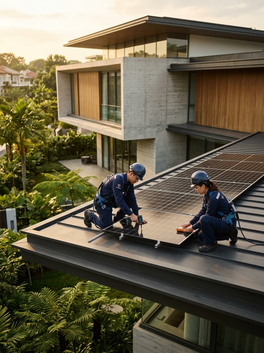 Voltaris technicians installing rooftop solar at golden hour